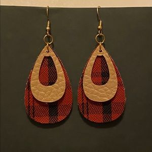 Handmade Faux Leather Earrings- Gold & Red Plaid